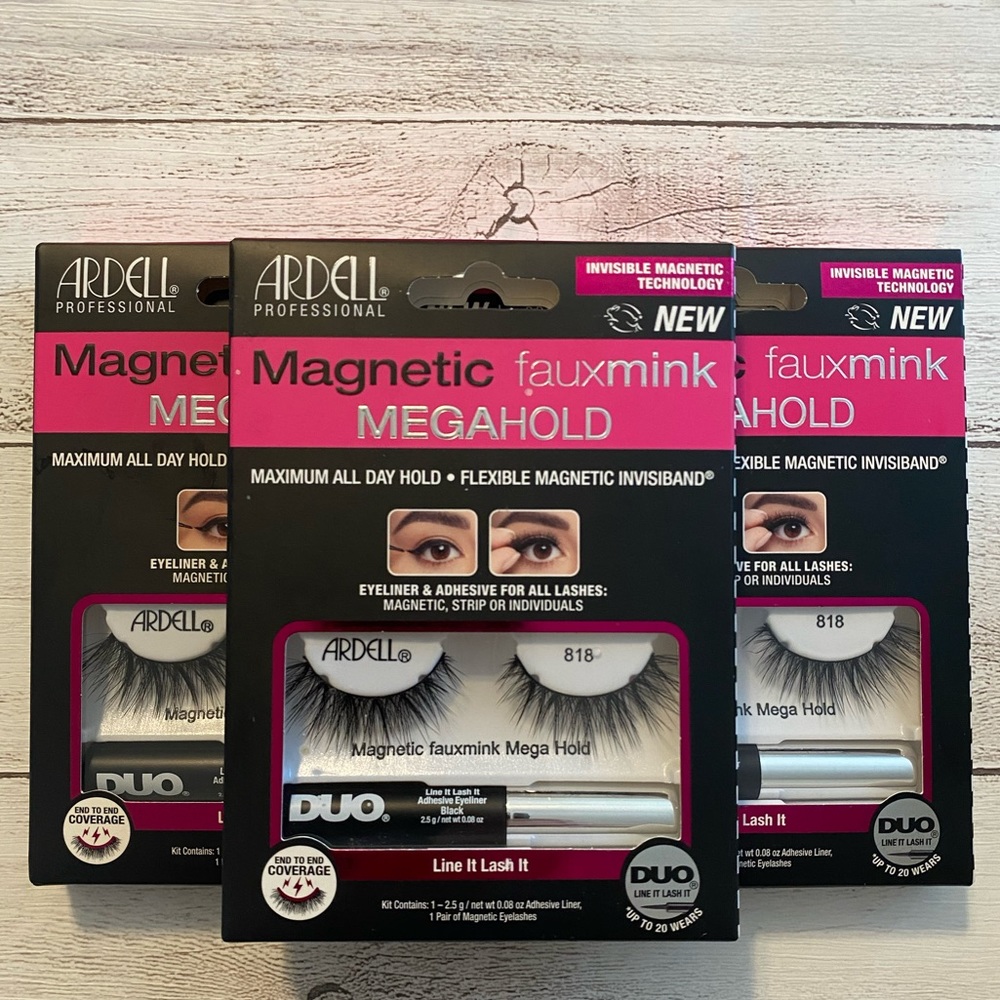 3 x Ardell Magnetic Faux Mink MegaHold Lashes & Line It Lash It Adhesive  #818
